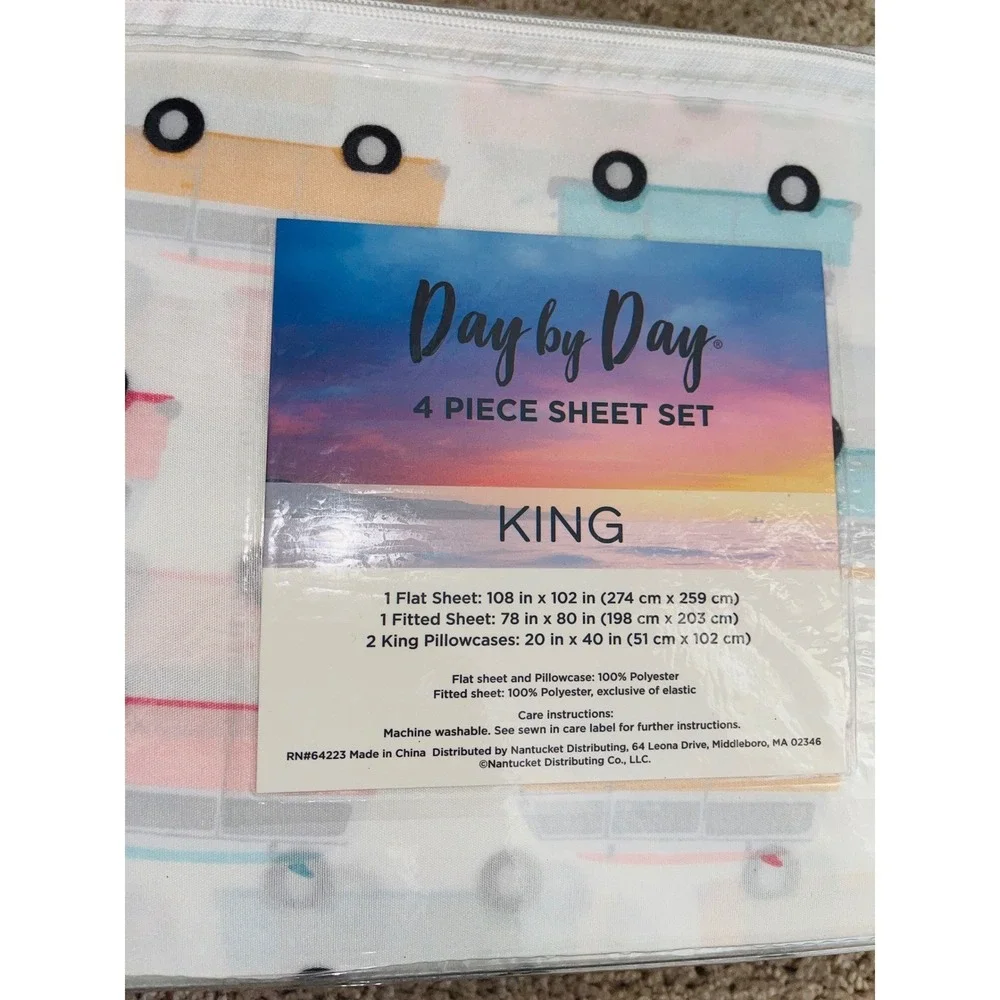 New Retro Camper Van King Sheet Set & Matching Reversible Pillow 5PC Beach Surf